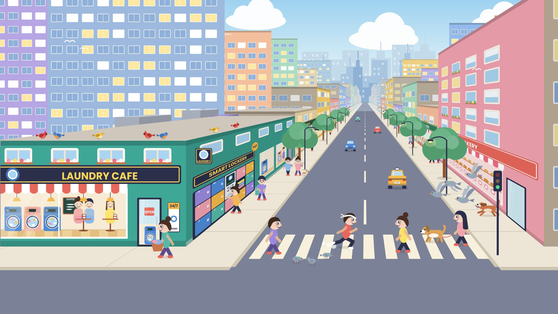 Illustrated city street with a laundry cafe and a bank of smart lockers out front