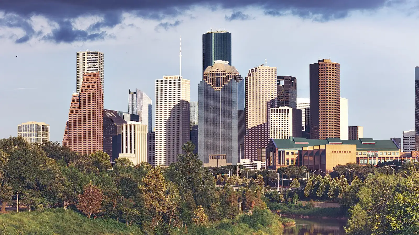 Downtown Houston skyline above Buffalo Bayou park