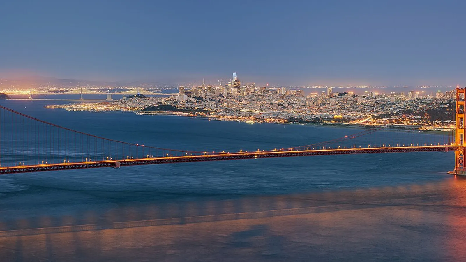 San Francisco skyline and Golden Gate Bridge at blue hour